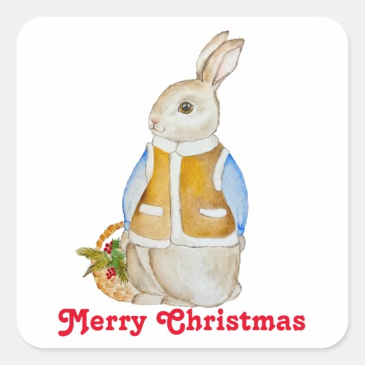 Schattigee kersthaas met een mand met sparrenzemel vierkante sticker (Voorkant)