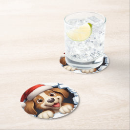 Schattigee Kersthond door muur geïllustreerd Ronde Kartonnen Onderzetter