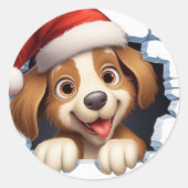 Schattigee Kersthond door muur geïllustreerd Ronde Sticker (Voorkant)