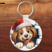 Schattigee Kersthond door muur geïllustreerd Sleutelhanger (Voorkant)