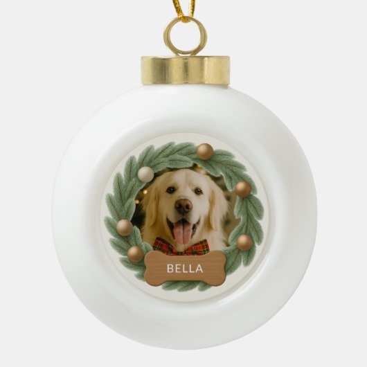 Schattigee Kersthond Foto Krans Naam Vakantie Keramische Bal Ornament (Voorkant)