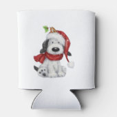 Schattigee kersthond met kerstmuts en sjaal blikjeskoeler (Achterkant)