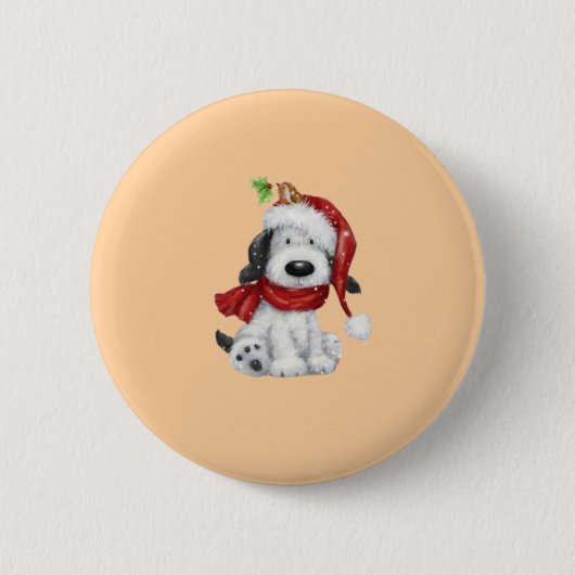 Schattigee kersthond met kerstmuts en sjaal ronde button 5,7 cm (Voorkant)