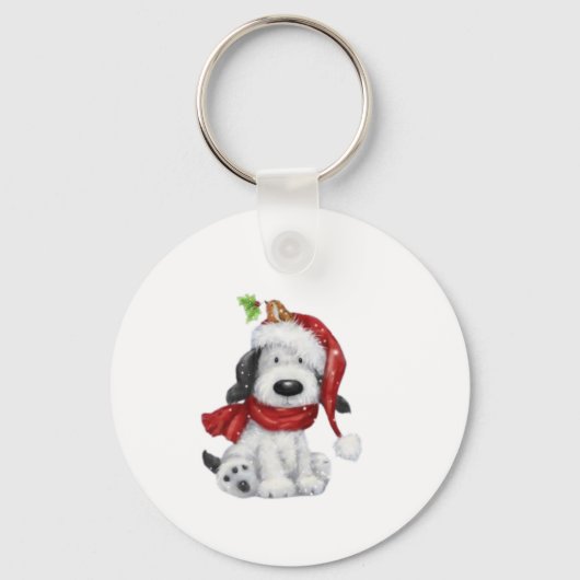Schattigee kersthond met kerstmuts en sjaal sleutelhanger (Voorkant)