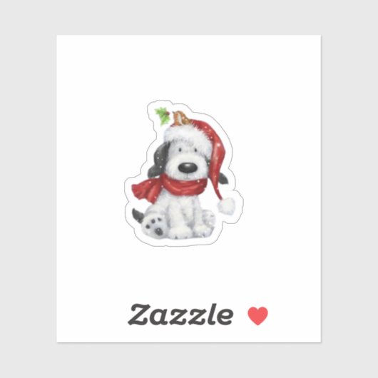 Schattigee kersthond met kerstmuts en sjaal sticker (Vel)