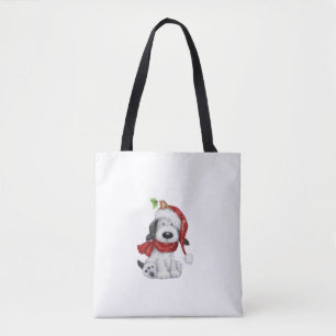 Schattigee kersthond met kerstmuts en sjaal tote bag