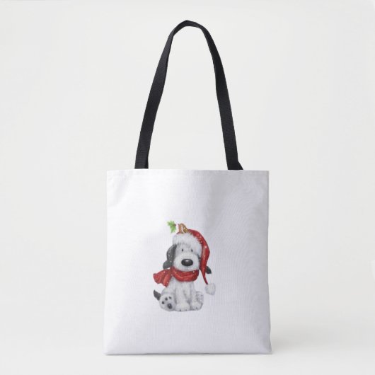 Schattigee kersthond met kerstmuts en sjaal tote bag (Voorkant)