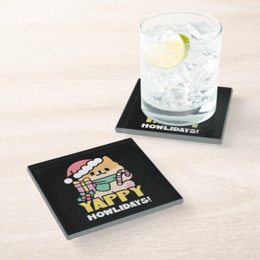 Schattigee Kersthond - Yappy Howholidays Glazen Onderzetter (Schuin)