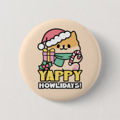 Schattigee Kersthond - Yappy Howholidays Ronde Button 5,7 Cm (Voorkant)