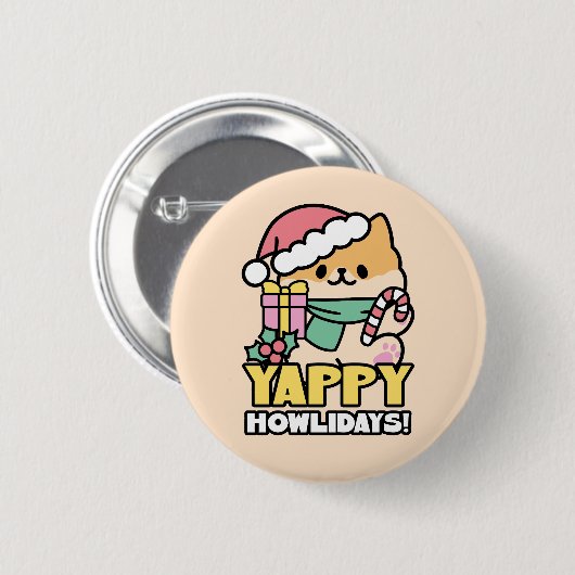 Schattigee Kersthond - Yappy Howholidays Ronde Button 5,7 Cm (Voorkant /achterkant)