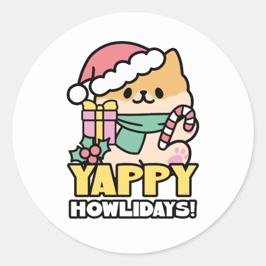 Schattigee Kersthond - Yappy Howholidays Ronde Sticker (Voorkant)
