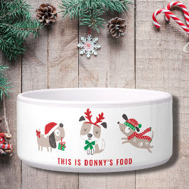 Schattigee kersthonden met hondennaam op wit voerbakje