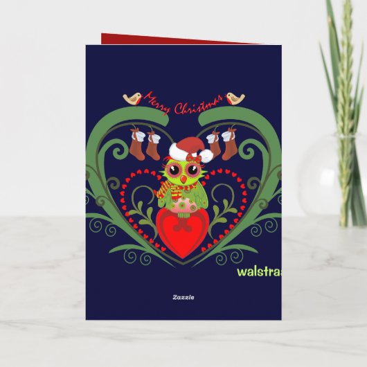 Schattigee kerstkaart met cartoon uil en tekst feestdagen kaart (Achterkant)