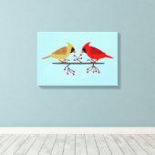Schattigee kerstkardinalen en rode bessen canvas afdruk (Insitu (Houten vloer))