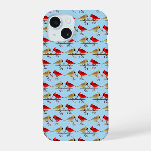 Schattigee kerstkardinalen en rode bessen met patr iPhone 15 case (Achterkant)