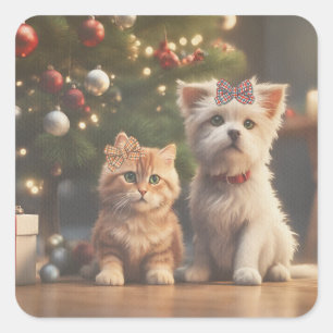 Schattigee kerstkat en Hondenliefhebber cadeaus Vierkante Sticker