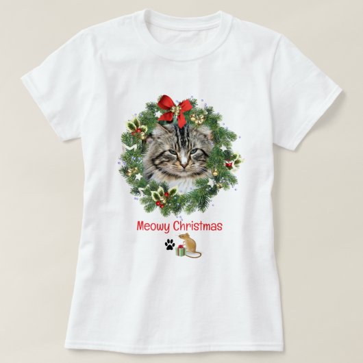 Schattigee Kerstkat Fotokrans T-shirt (Design voorkant)