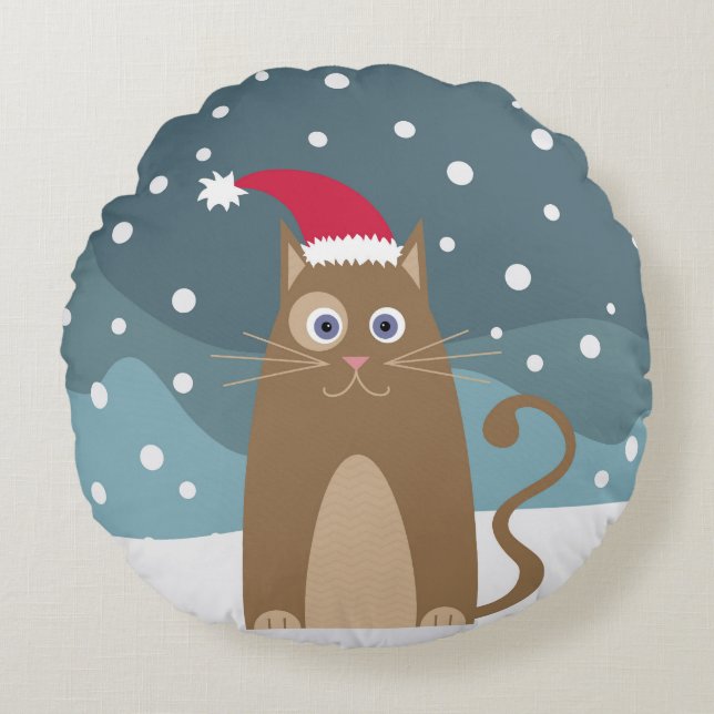 Schattigee kerstkat in besneeuwde winternacht rond kussen (Voorkant)