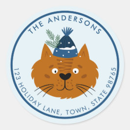 Schattigee kerstkat in blauw gebreid Pet  Ronde Sticker