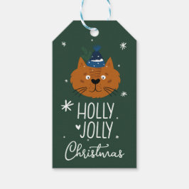 Schattigee Kerstkat in Gezellig Gebreid Pet Groen Cadeaulabel