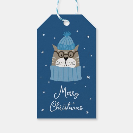 Schattigee Kerstkat in Gezellige Blauwe Knits Cadeaulabel (Voorkant)