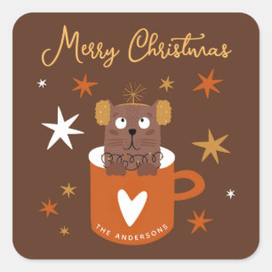 Schattigee Kerstkat in Mok Sterren Goudbruin Vierkante Sticker