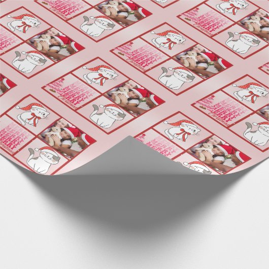 Schattigee kerstkat in roze achtergrond Uw foto to Cadeaupapier (Hoek)