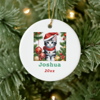 Schattigee Kerstkat in Santa Hat Personaliseren Keramisch Ornament