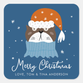 Schattigee Kerstkat in Santa Hat Sneeuwvlokken Bla Vierkante Sticker
