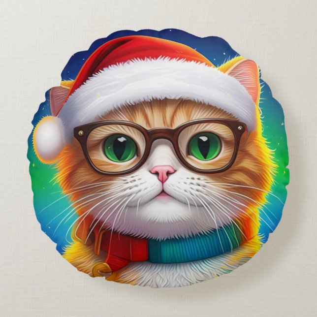 Schattigee Kerstkat Kerstman-68265 Rond Kussen (Voorkant)