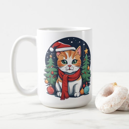 Schattigee Kerstkat met Bomen Feestelijk Koffiemok (Met donut)