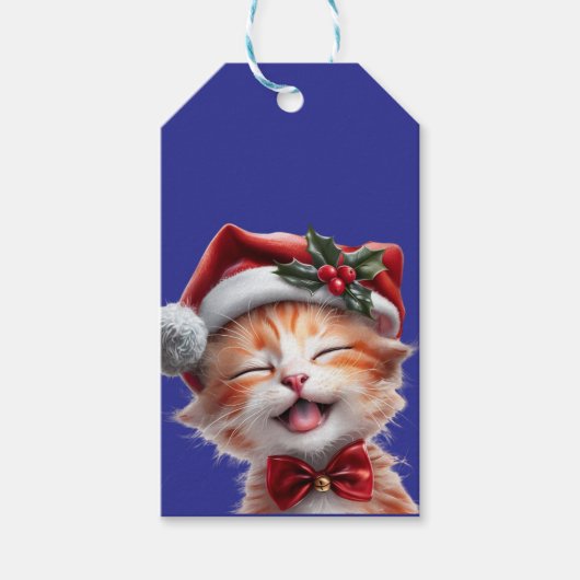 Schattigee Kerstkat met Santa Hat en Bow Stropdas Cadeaulabel (Voorkant)