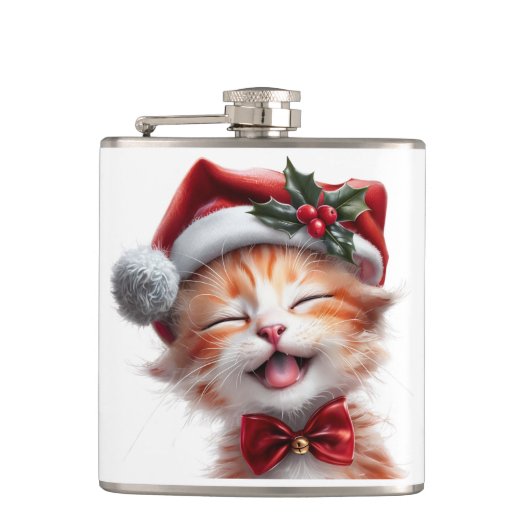 Schattigee Kerstkat met Santa Hat en Bow Stropdas Heupfles (Voorkant)