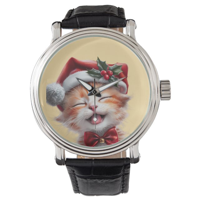 Schattigee Kerstkat met Santa Hat en Bow Stropdas Horloge (Voorkant)