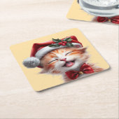 Schattigee Kerstkat met Santa Hat en Bow Stropdas Kartonnen Onderzetters (Schuin)