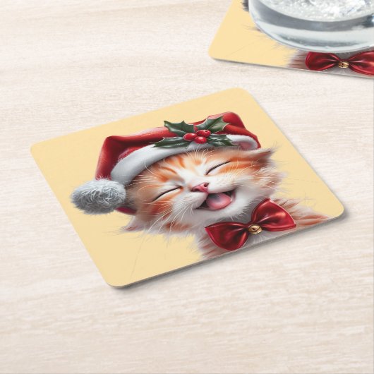 Schattigee Kerstkat met Santa Hat en Bow Stropdas Kartonnen Onderzetters (Schuin)