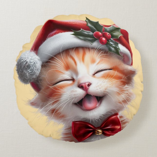Schattigee Kerstkat met Santa Hat en Bow Stropdas Rond Kussen (Voorkant)