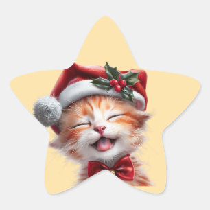 Schattigee Kerstkat met Santa Hat en Bow Stropdas Ster Sticker