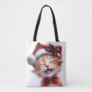Schattigee Kerstkat met Santa Hat en Bow Stropdas Tote Bag