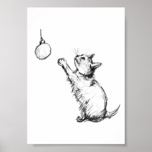 Schattigee kerstkat reikt naar Ornament Poster