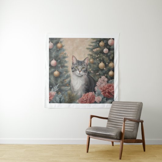 Schattigee kerstkat te midden van bloemen en bomen wandkleed (In situ)