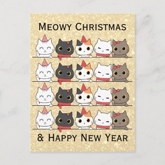 Schattigee kerstkatten gezichten Meowy Christmas Briefkaart (Voorkant)