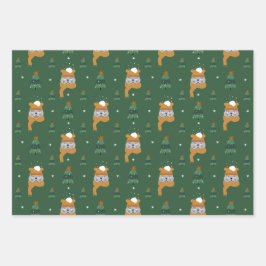 Schattigee Kerstkatten in Winter Knits Green & Tan Inpakpapier Vel