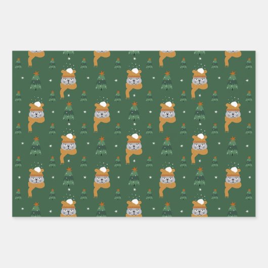 Schattigee Kerstkatten in Winter Knits Green & Tan Inpakpapier Vel (Voorkant)
