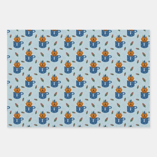 Schattigee kerstkatten in winterbreien blauw inpakpapier vel (Voorkant 2)