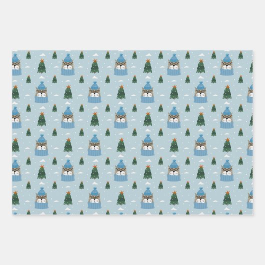 Schattigee kerstkatten in winterbreien blauw inpakpapier vel (Voorkant)