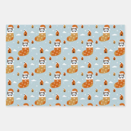 Schattigee kerstkatten in winterbreien lichtblauw inpakpapier vel