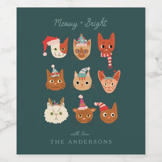 Schattigee Kerstkatten Meowy Wijn Etiket (Enkel label)