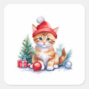 🎅 Schattigee Kerstkitten met Santa Hat & Cadeau Vierkante Sticker