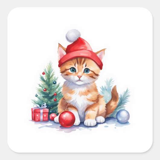 🎅 Schattigee Kerstkitten met Santa Hat & Cadeau Vierkante Sticker (Voorkant)